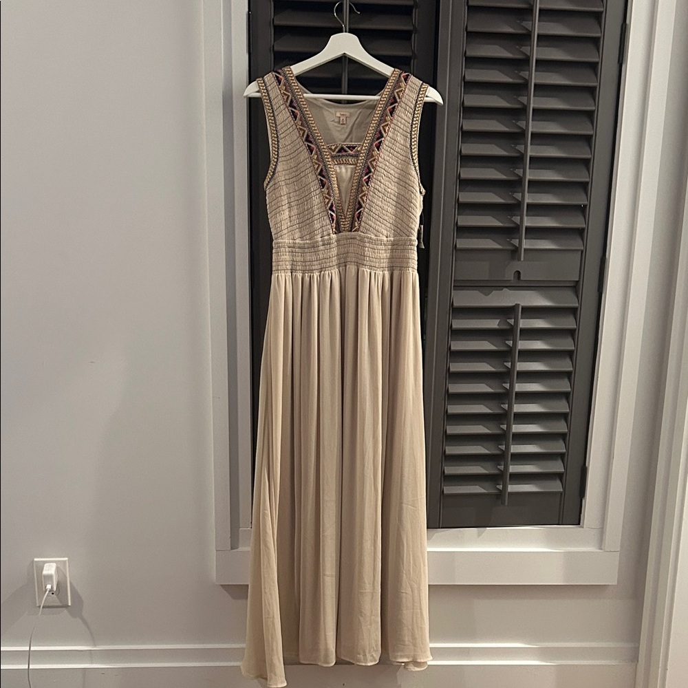 Reba Beige Sleeveless Maxi Dress with Embroidered Detail
